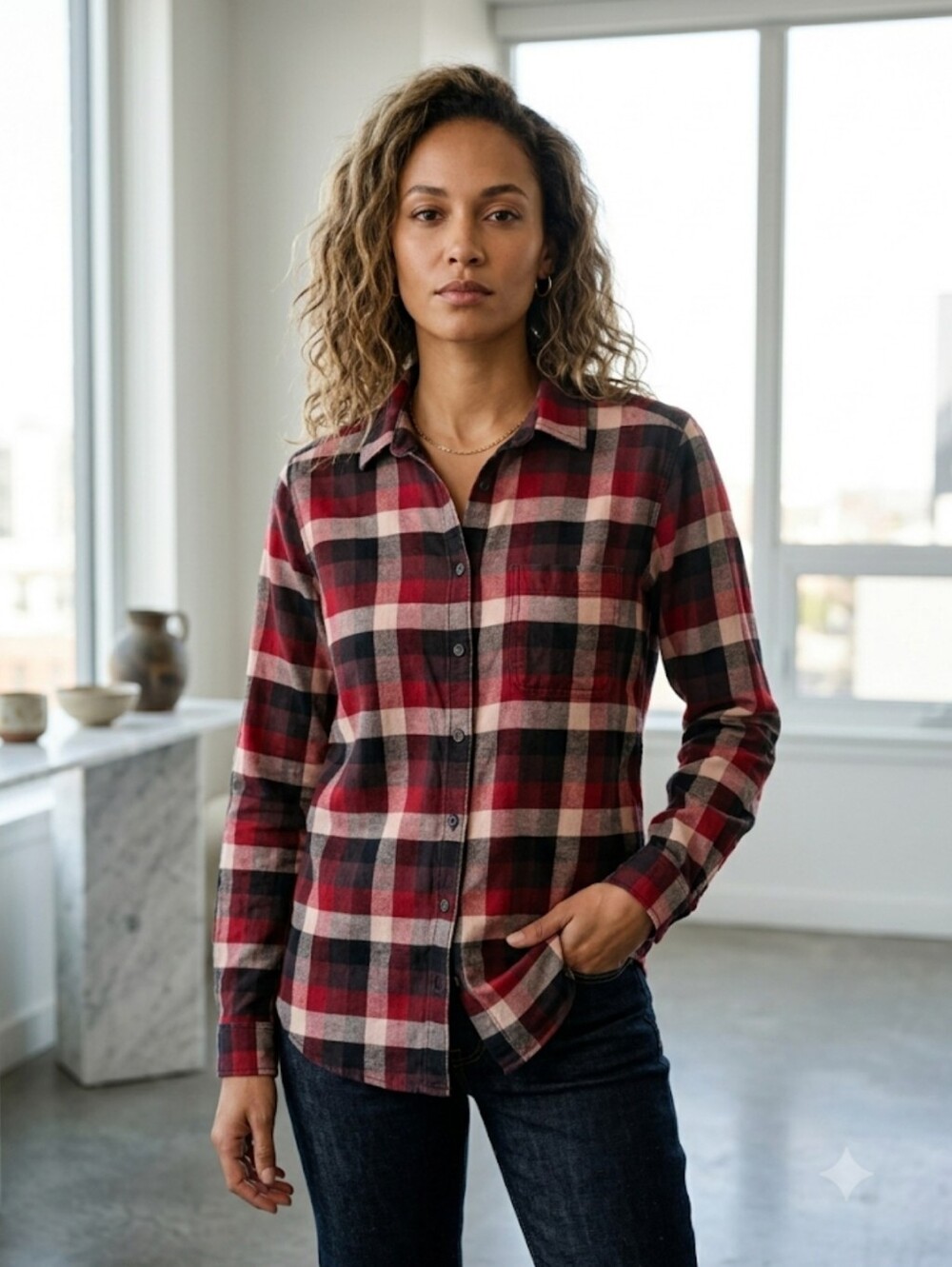 Wind River Red Black White Plaid 98% Cotton Button Down Pockets Size Medium